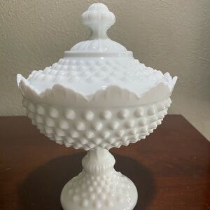 Vintage, Fenton, White Milk Glass, Hobnail Pedestal Lidded Candy Dish